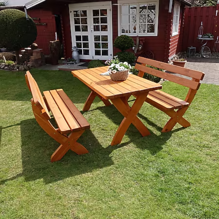 Promadino Holz-Garnitur "Landsberg" – 2 Bänke + 1 Tisch, honigbraun